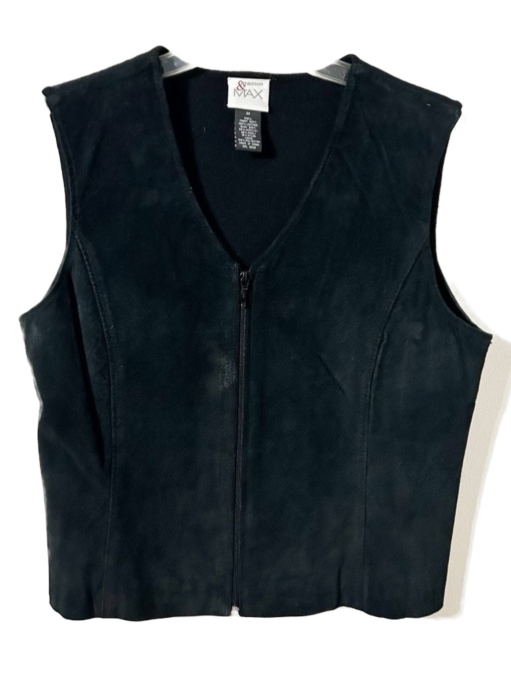 Madison & Max Leather Suede Front and Knit Back  Zip Front V-neck Vest Black 🖤